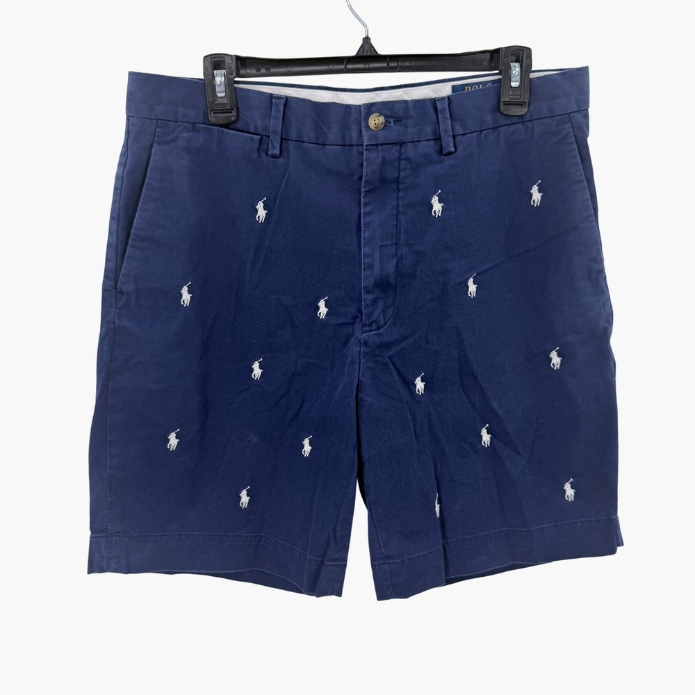 Polo Ralph Lauren Navy Blue All Over Embroidered Pony Stretch Chino Shorts 34